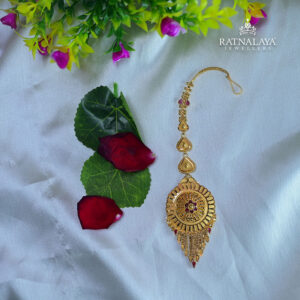 Gold Maang Tikka with Red Flower Design